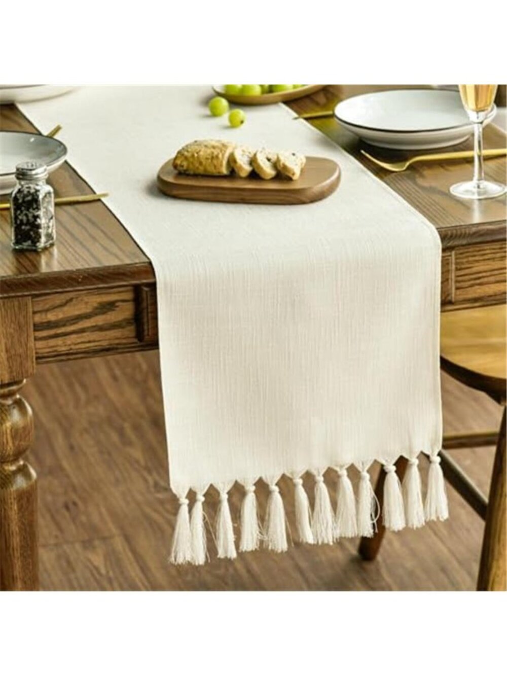 Beige Tassel Table Runner Boho Linen Rustic Farmhouse Wedding Dining 13x72